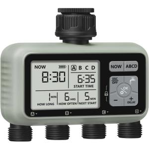 4 Zone Sprinkler Timer, Garden Hose Timer, Automatic Irrigation System, Programmable Faucet, 4 Outlets, with Rain Delay, Manual Mode,Child Lock, for Yard, Garden, Lawn Greenish Gray D14WT06