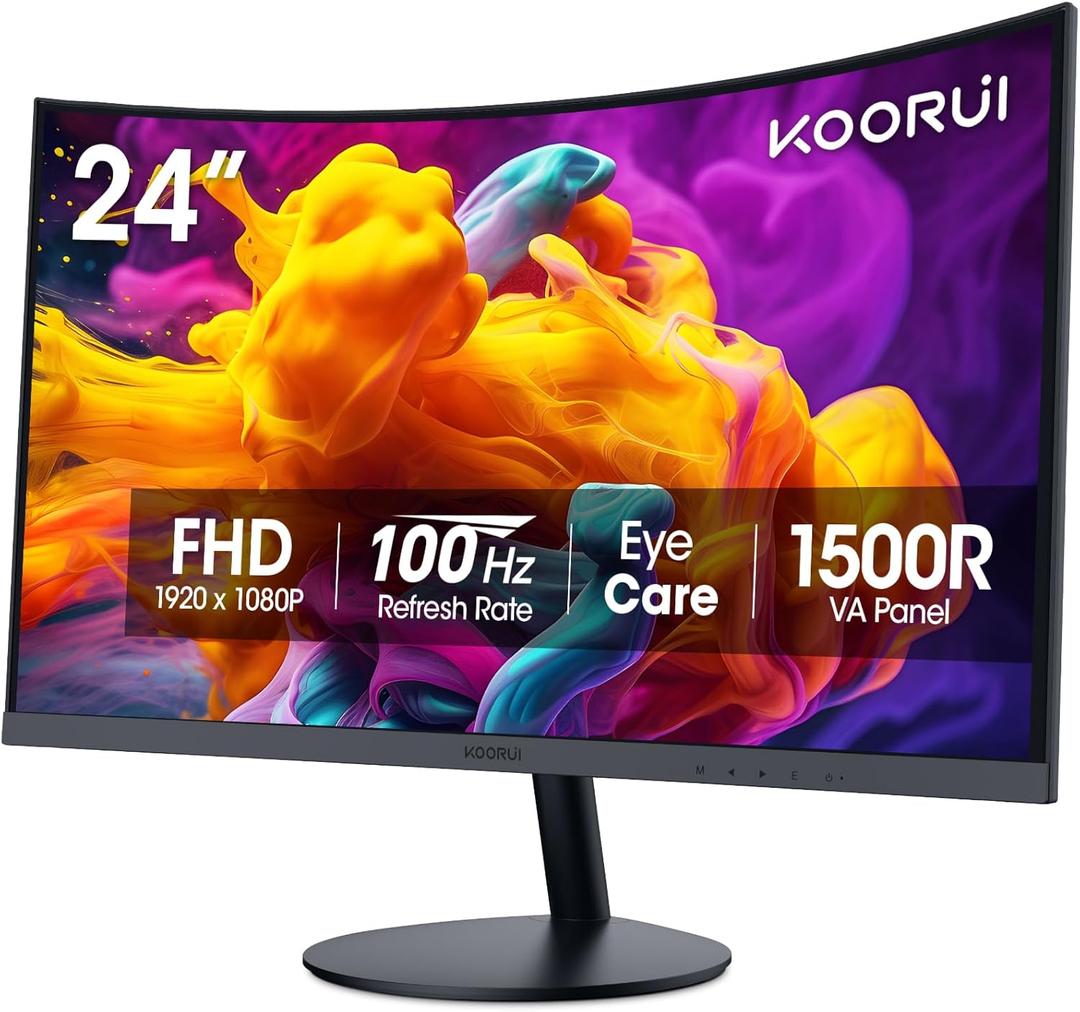 KOORUI 24 inch Curved Monitor, Full HD 1080P Curved Computer Monitor, 100Hz 1500R PC Screen, TV Rheinland Certified, HDMI VGA, Tilt Adjustment, LCD Display, Eye Care, Black 24N5CA