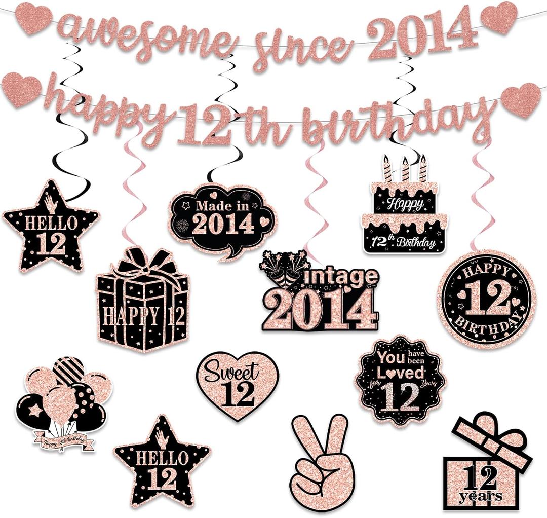 Pre-Strung 12th Birthday Banner Decorations for Girls, Glitter Rose Gold Happy 12th Birthday Hanging Swirls Party Supplies Decor