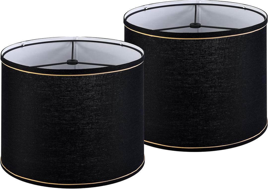 GO&SO Black and Gold Trim Drum Lamp shades Set of 2,Medium Lamp shade 13" Top13" Bottom10" High(Spider) Modern Lampshades for Table&Bedside lamp Replacement Lampshade in Hand Crafted,Easy Assembly
