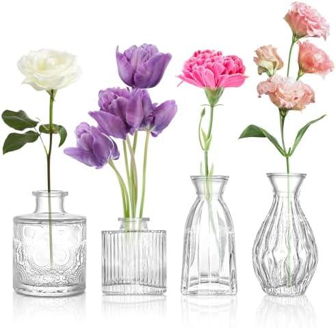 ODDMUCK Glass Bud Vase Clear Bud Vases Set of 4 for Centerpieces, Vintage Glass Flower Vases in Bulk Suitable for Weddings, Parties or Home Decoration