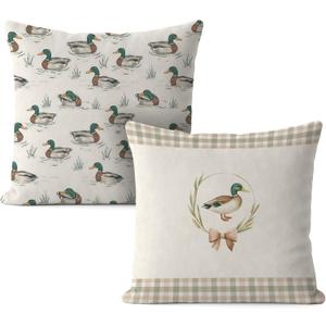 Mallard Duck Pillow Covers 18x18, Mallard Duck Nursery Decor, Farmhouse Beige Gingham Bow Farm Animal Decorative Throw Pillow Covers for Home Living Room Kids Bedroom Sofa Couch Set of 2
