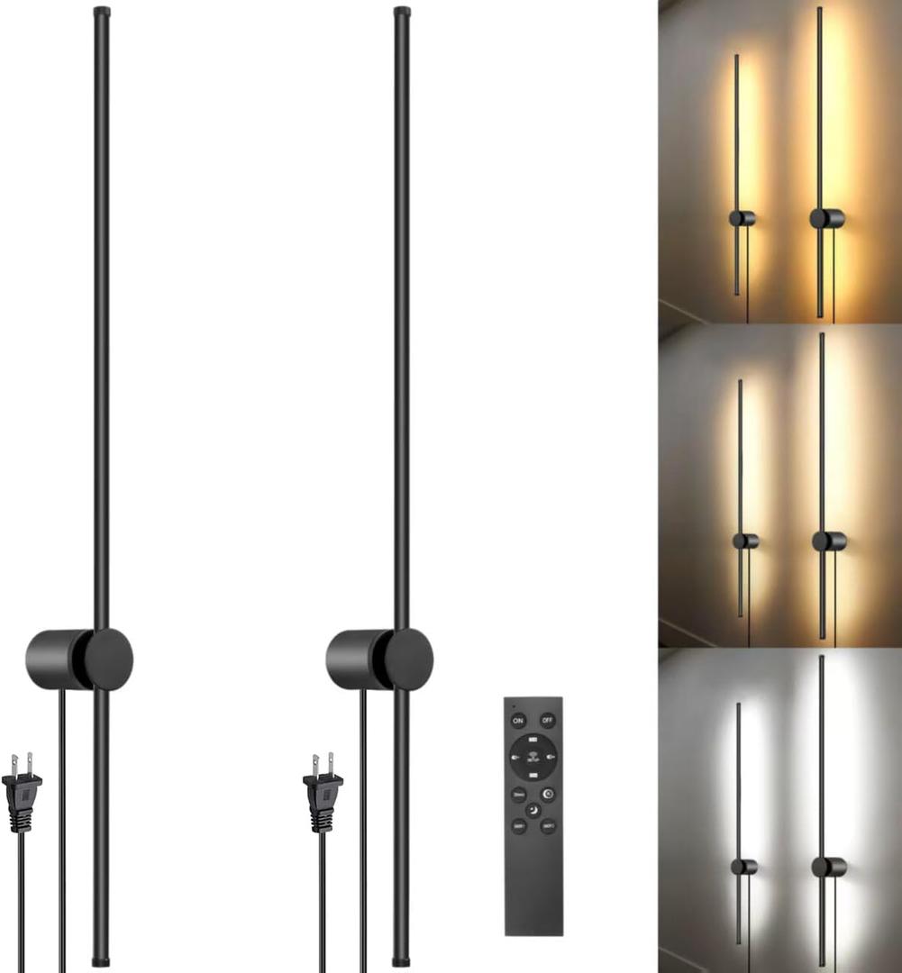 Wall Sconces Set of Two with Remote, Stepless Colors 3000K-6500K & Stepless Dimming, Hardwire or Plug-in, 180 Rotate, LED Black Plug in Wall Sconces with Timer & Night Light, 39.4 Inches