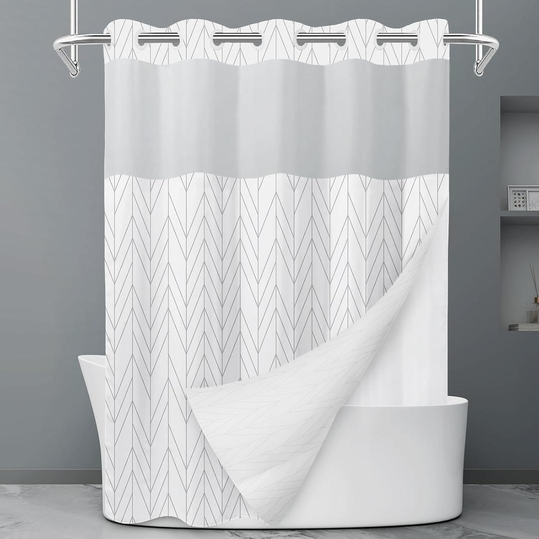 LXBNI Chevron Ringless Shower Curtain with Liner, Grey White 71 x 74