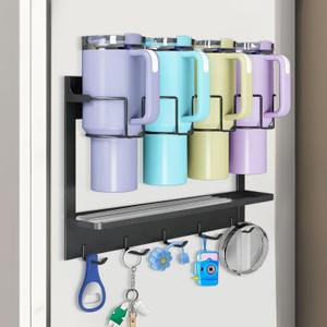 Magnetic Cup Holder for Stanley & Most Tumblers, Water Bottle Organizer for Fridge, Space Saving Stanley Cup Holder with 5 Hooks, No Drill Water Bottle Storage Rack for Kitchen Organization, Black