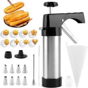 Churro Maker Machine, Stainless Steel Churros Gun Kit with 8 Piping Nozzles, 8 Cookie Discs & Cleaning Brush, 3-in-1 Multifunctional Cookie Press Hollow Churro(COLOR:Black+silver)