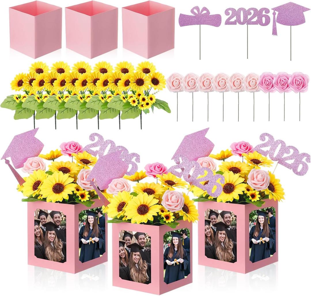 Glenmal 24 Pcs Class of 2026 Graduation Table Centerpieces Decor 6/7 Inch Graduation Photo Frame Display Box Artificial Sunflowers and Roses Class 2026 Centerpieces Picks for Party(Pink)