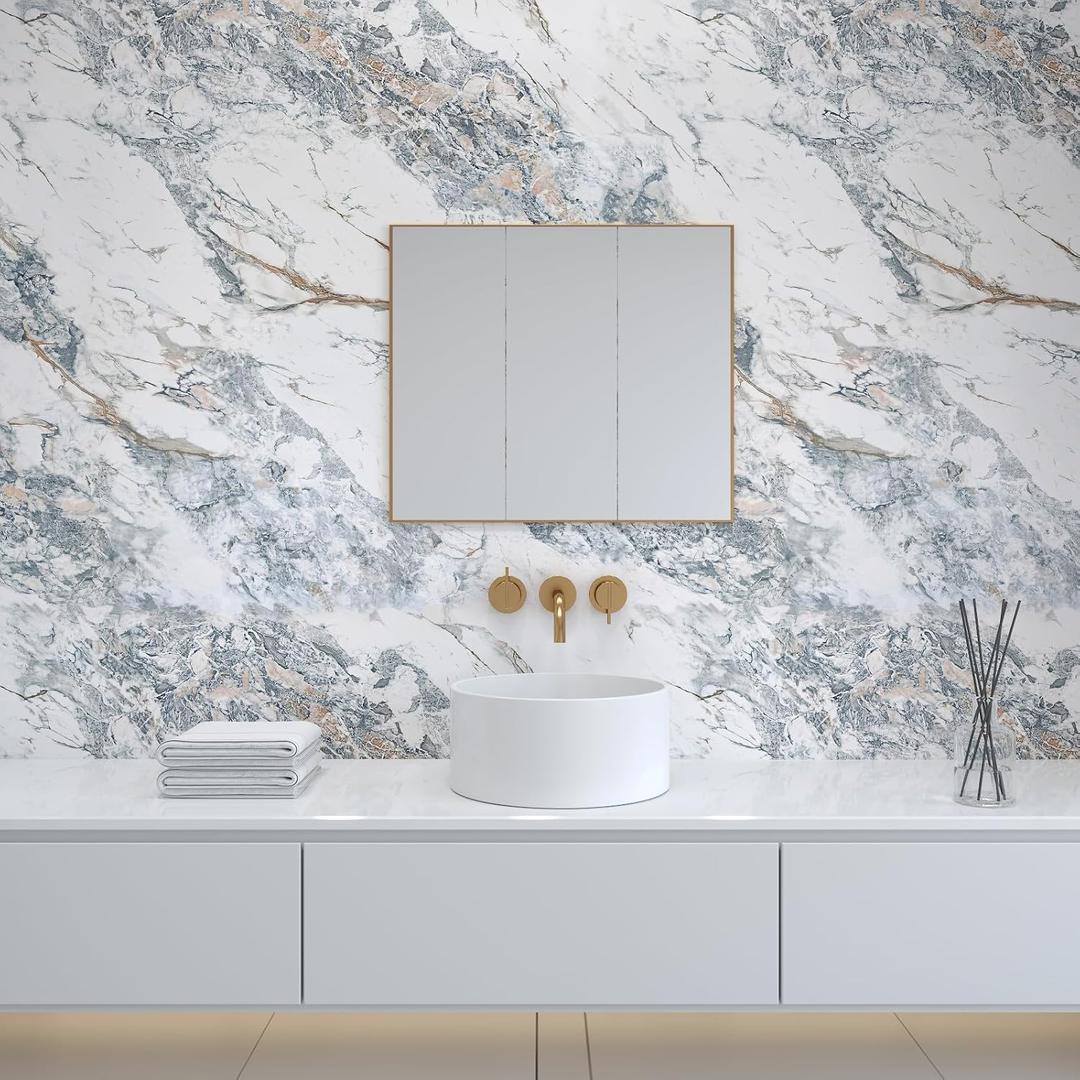 Thicken White Blue Marble Granite Contact Paper peel self stick Kitchen Countertops Waterproof Wallpaper 32x591inch Large Roll Flower Vinyl Textured Furniture Sticker Tv Wall Top Mural Backsplash Wrap (Bule white gold)