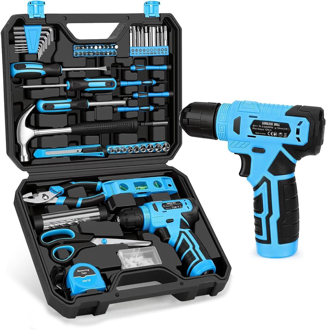 139-Piece Tool Set - Tool Kit with 8V Cordless Drill Driver in ToolBox Storage Case, General Household Drill Set for Home Repairs, Handyman, DIY Projects (Blue)