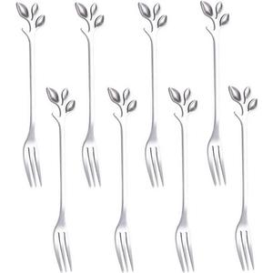 AnSaw 8-Pc Silver Mini Leaf Fruit Forks Set - 4.7" Elegant Stainless Steel Dessert, Appetizer, Cake & Salad Forks - Perfect for Cocktail Parties & Home Use