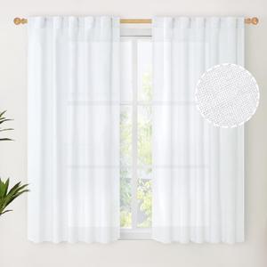 YoungsTex White Linen Curtains 48 Inch Length for Kitchen Windows, Short Light Filtering Drapes with Rod Pocket Back Tab Semi Sheer Privacy for Bathroom Living Room Windows, 2 Panels, 42 X 48 Inch
