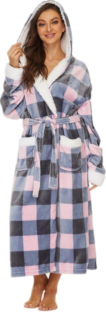 iniber Plush Robes for Women, Womens Robe Long, Fuzzy Fluffy Soft Warm Fleece Hooded Bathrobe (Medium, L F01 Plaid-2)