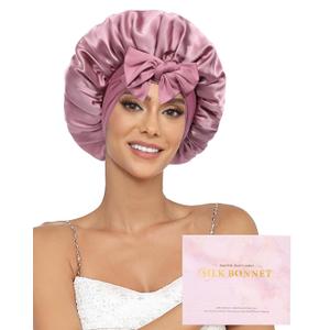 100% Mulberry Silk Bonnet for Sleeping Women Double Layer Silk Hair Bonnet Natural Silk Sleep Cap with Elastic Reversible Hair Wrap (Bean Paste + Light Pink)
