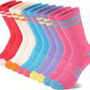 Comfoex 10 Pairs Girls Crew Long Athletic Socks for 4-6 6-8 8-10 Years Old Kids Calf Sports Cotton Socks Half Cushione, Medium, 12-5(age: 7-10)