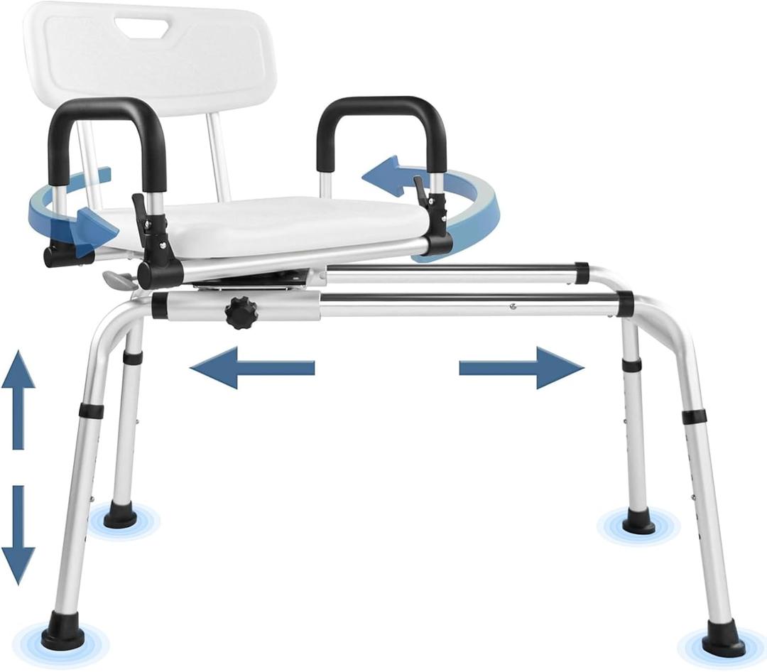 EOSPRIM Sliding Shower Chair with 360 Swivel Seat, Tub Transfer Bench with Drainage Holes, Pivoting Arms and Seat Belt, Non-Slip Foot Mats, for The Elderly, Sick and Handicap (Large, Silver)