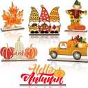 6 PCS Fall Wooden Table Decorations Maple Pumpkin Gnome Scarecrow Truck Hello Autumn Wood Tabletop Sign Centerpiece Rustic Decor for Home Farmhouse Tiered Tray Shelf Kitchen Office Desk