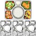 Hacaroa 4 Pack Stainless Steel Divided Dinner Plates, 15x10.6 Inches Large Snack Serving Plate with 6 Compartment, Metal Food Trays for Adults, Diet Food Portion Control, Picky Eaters