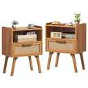 Lerliuo Rattan Nightstands Set of 2, Side Table with Drawer, Cane Accent Bedside End Table with Solid Wood Legs, Mid Century Modern Night Stand for Bedroom, Dorm and Small Spaces (Tea Brown)