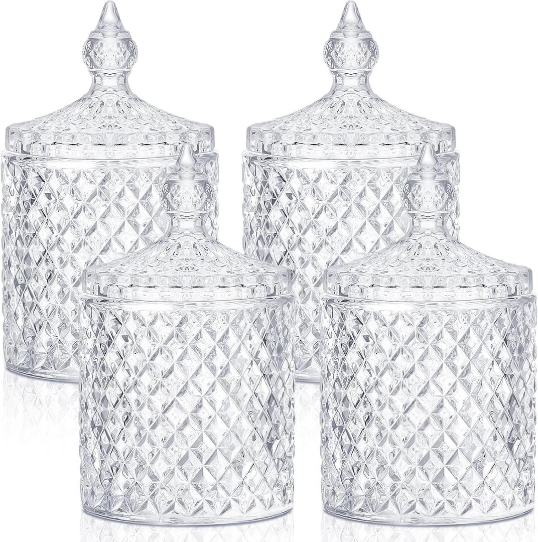 Aoriher 4 Pcs Crystal Glass Candy Jar Set with Lids Home Decorative Storage Jars for Apothecary, Bathroom, Kitchen, and Pantry, Ideal for Cotton Swabs and Jewelry(Large,Clear)