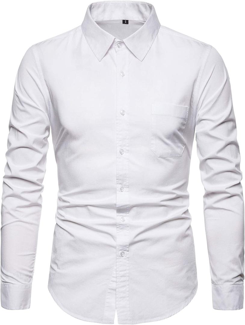 Mens Long Sleeve Casual Button Down Dress Shirts with Chest Pocket (White, M)