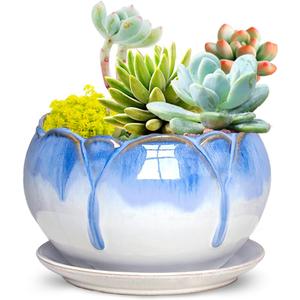Dahlia 5.5'' Inch Rustic Drip Glazed Ceramic Planter/Succulent Pot/Plant Pot w. Saucer/Tray, White