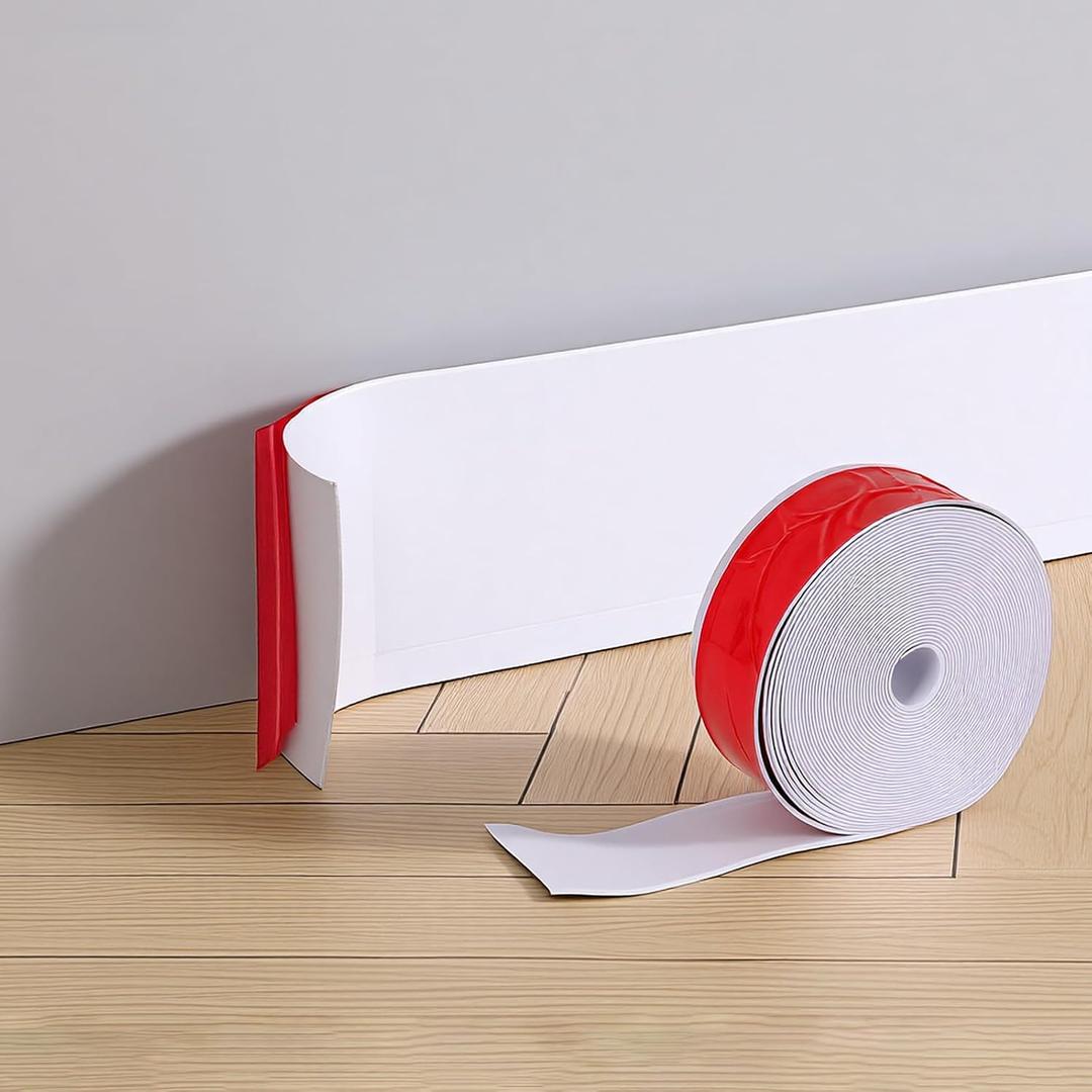 Flexible Baseboard Molding Trim 4 in x 60 Ft, Peel-and-Stick Flexible Self-Adhesive Rubber Wall Base Trim, Vinyl Baseboards with Grooved Bases, Suitable for Garages, Cabinets, Flooring,White