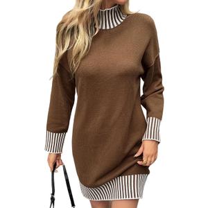 Color Block Sweater Dress for Women Mini - Long Sleeve, Mock Neck, Short Knit Dresses, Casual Fall Dresses (X-Large, Brown)