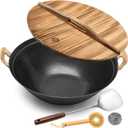 WANGYUANJI Cast Iron Wok Pan with Lid, 13.4 Inch Flat Bottom Large Deep Stir Fry Skillet, Heavy Duty Traditional Chinese Iron Pot for 3-5 People, Induction & Gas Ready