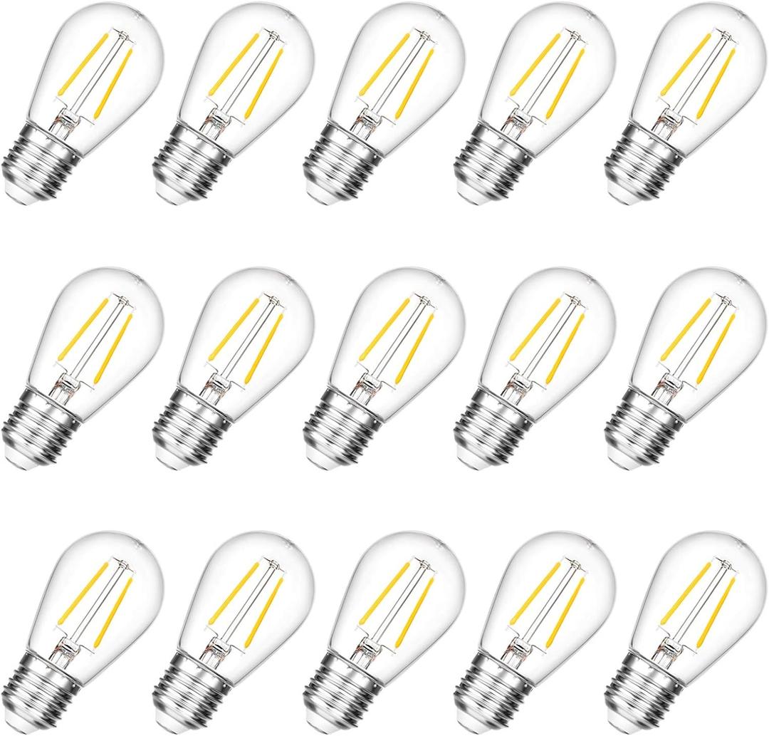 VISTERLITE Shatterproof S14 Replacement LED Light Bulbs, 2W, Equivalent to 11-25 Watt, Warm White 2200K, Outdoor String Lights Vintage Edison Bulb, E26 Medium Base, 15-Pack