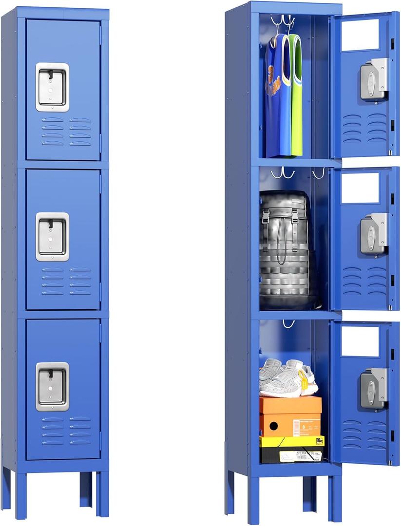 Greenvelly Storage Locker for Employee, Office, Metal Gym Locker with 3 Door, Steel Blue Locker Cabinet Organization for School, Free Standing