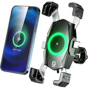Kewig Motorcycle Phone Mount with Qi 15W Wireless Charger & USB C 20W Fast Charging Port, One-Push Automatically Lock & Quick Release Handlebar Phone Holder for 4.0-6.9" Phone