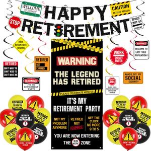 Roetyce Retirement Decorations Men Women, Caution Logos Happy Retirement Banner Balloons Hanging Swirls Kit, Funny Legend Retired Party Supplies Backdrop for Coworker Family, Retired Door Wall Signs