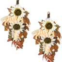 2PCS Artificia Fall Teardrop Swag 17.72" Autumn Swag Sunflowers Pumpkins Dahlias Berries Door Swag Hanging Flower Wreath for Thanksgiving Fall Front Door Window Wall Decor(A)