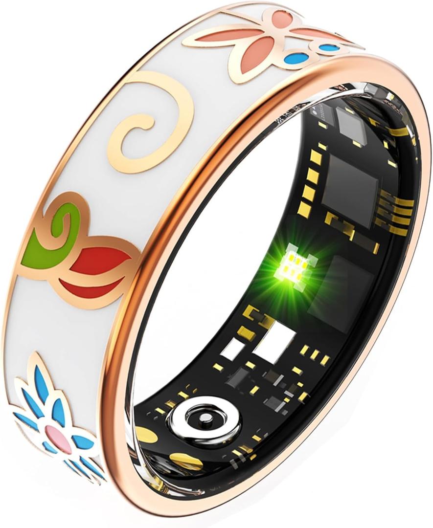 Ladies Smart Ring for Women Health Ring Blood Pressure Heart Rate Sleep Monitor Fitness Tracker Calories Step Counter Gesture Control iOS Android (#7(Inner circ2.14in), Enamel Ring-with charging case)