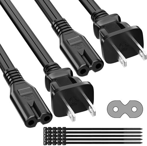 2 Prong Power Cord 10 FT (2-Pack), Non-Polarized AC Power Replacement Supply Cable, 7A, 125V, ETL Compatible with PS5/PS4 Samsung LG TCL Sony Roku TV, Xbox, Laptop, Printer, C7 to 1-15P, with 25 Ties