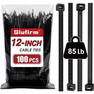 Zip Ties 12 inch (100 Pack), Double-sided Toothed, 85 lb, Delivering 1.7X Tensile Strength in the Same Specs, Black Cable Ties, Heavy Duty Wire Ties, Glufirm