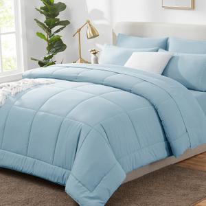 CozyLux Queen Comforter Set Light Blue, 7 Pieces Bed in a Bag, Blue Comforters Queen Size, All Season Bedding Sets with Stitch Quilted Comforter, Flat Sheet, Fitted Sheet, Pillowcases