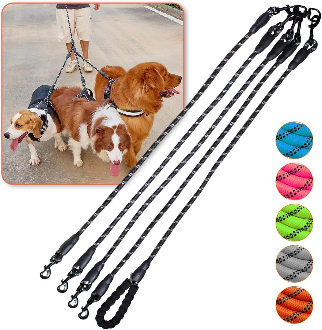 Four Dog Leash,4 Way Leash for Dogs,No Tangle Triple Leash for 4 Dogs,360 Swivel No Tangle Walking Leash for 4 Dogs,4 Dog Leash with Reflective for Large Medium Small Dogs (Four Leashes, Black)