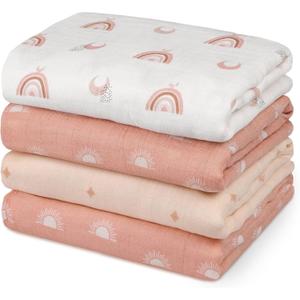 GLLQUEN BABY Muslin Swaddle Blankets 4-Pack Breathable Receiving Blankets (35" x 40") Soft Baby Blankets for Girls and Boys Newborn Essentials Muslin Burp Cloths Swaddle Wrap Baby Gift (Sun)