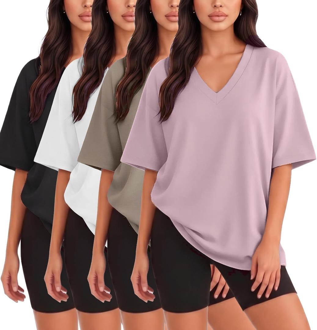 Kinglaman 4 Pack Oversized TShirts for Women, Short Sleeve Drop shoulders Plus Size Baggy Dry Fit T Shirts Tops Tees (L)
