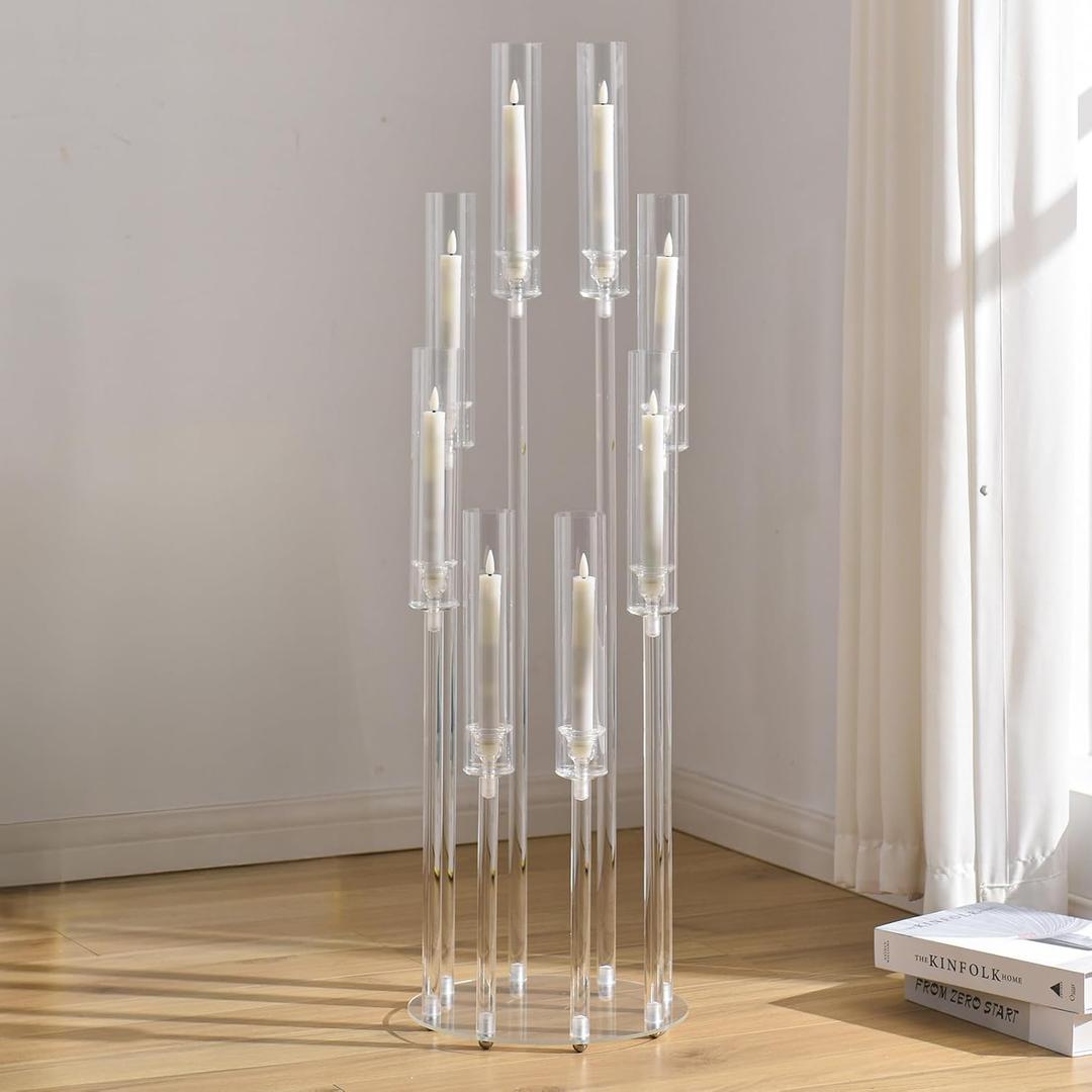 VINCIGANT 8 Arms Clear Candlesticks Holder for Wedding Decorations,Tall Arcylic Candelabra Candle Holder with Shade for Valentines Day Events Party Table Centerpiece,Fit LED Candles 38.5"Tall