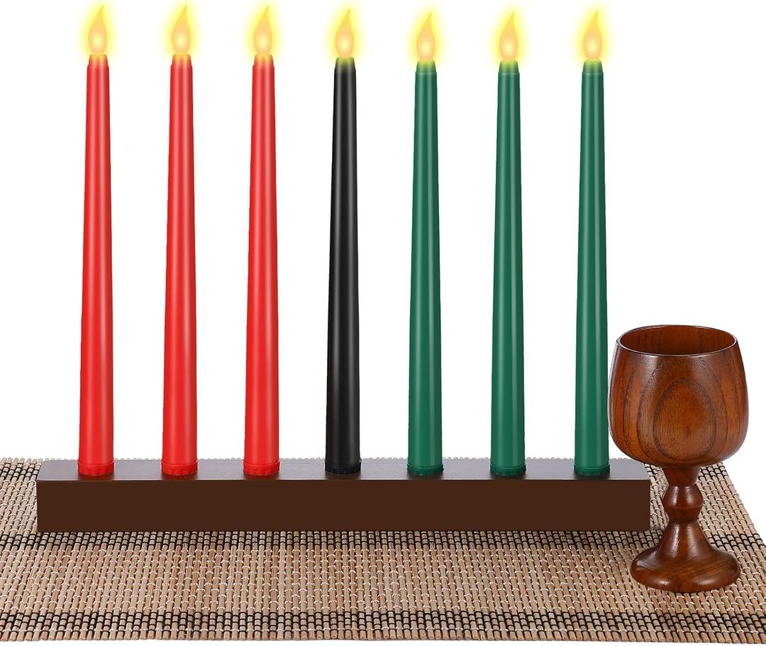 10 Pieces Kwanzaa Kinara Candles Set Flameless Battery Operated Kwanzaa LED Taper Candles with Candle Holder Wooden Wine Goblet Bamboo Table Mat for Kwanzaa Celebration Decoration