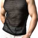 JOGAL Mens See Through Lace Shirts Sleeveless Muscle Tops (Black, S)