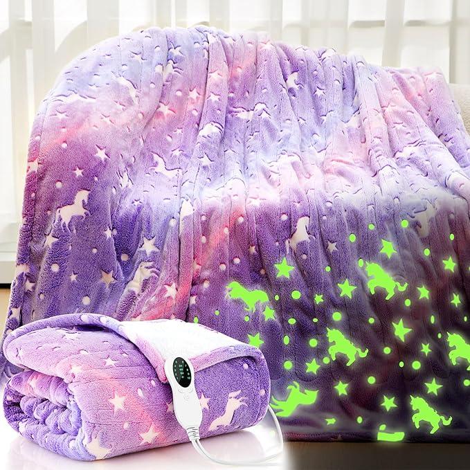 Kids Heated Blanket Glow in The Dark Children Heating Blanket Girls Boys Easter School Gift Electric with 10 Levels & 8 Hours Auto Off Etl Certified Machine Washable(50"x60",Purple,Unicorn)