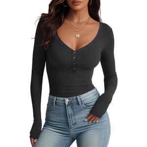 Meetrendi Women's Long Sleeve V Neck Shirt Sexy Henley Tight Slim Fitted Going Out Top Ribbed Button Fall Fashion 2025, XS