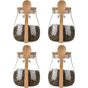 Airtight glass jar storage container with bamboo lid Set of 4, wide mouth, leak-proof, With a spoon, can be used for coffee beans, tea leaves, grains, dried fruits, etc (Small*4pcs)