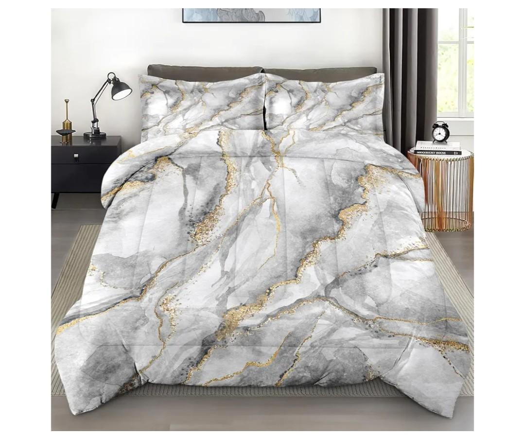 Comforter Set Full Size, Marble Black Gold Stone Soft 3 Pcs Bedding for Kids and Adults, Gray Vintage Retro Comforter Set with Pillowcase, for Bedroom Bed Decor