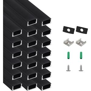 20-Pack 3.3ft U-Shape Black LED Aluminum Channel with Black Track Cover, 66ft Total Waterproof LED Strip Light Diffuser, Low Profile LED Profile for Under-Cabinet, Wardrobe, Stairs, Fits 12mm Strips
