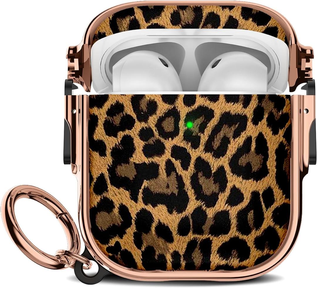 Maxjoy for Cute AirPods Case (2019) with Safety Lock,Compatible Leopard Print AirPod 2nd Generation Case for Women Girly with Keychain-Gold