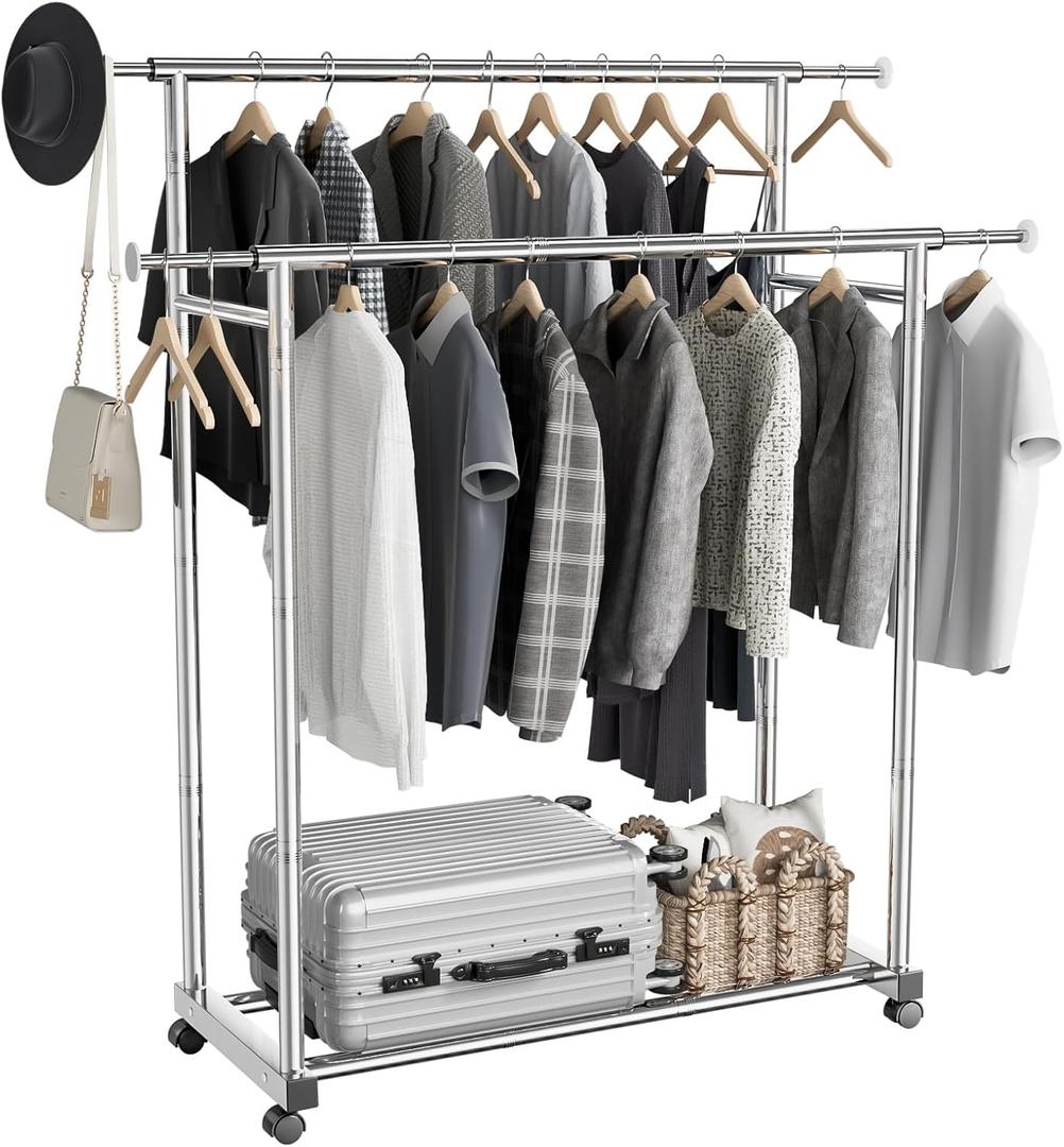 Clothes Rack for Hanging Clothes, Stainless Steels Coat Rack with Wheels, Clothing Rack, Garment Rack, Portable Closet, Portable Closet, Adjustable Length (XXL)